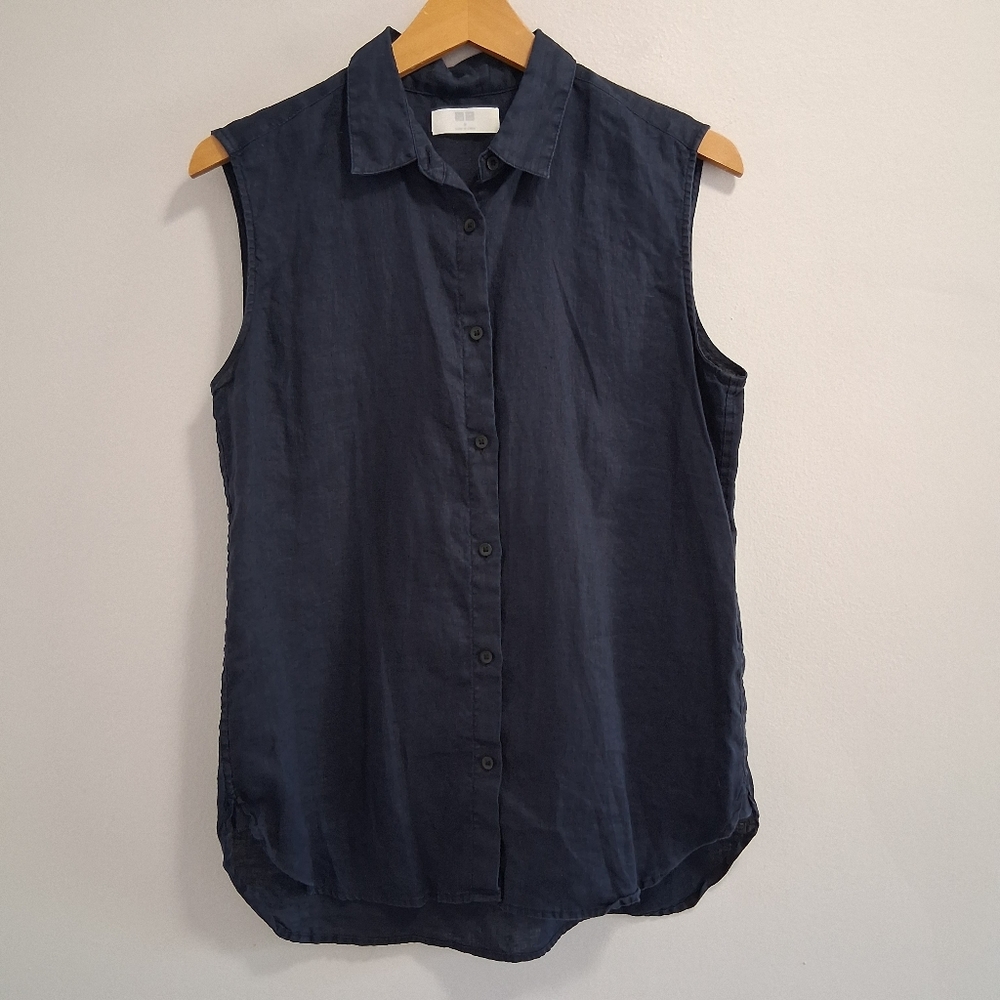 Uniqlo 100% Linen Button Up Collared Navy Blue Tank Top Size Medium